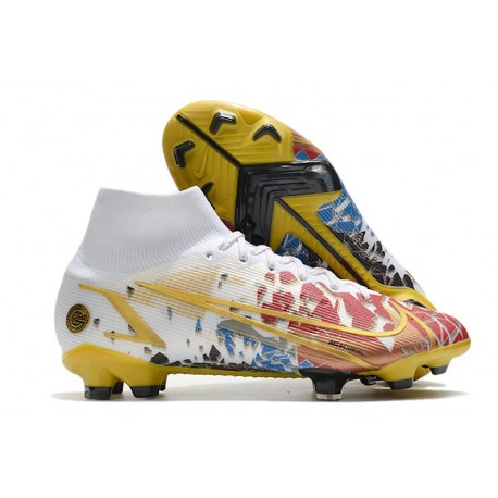 Chaussure Nike Mercurial Superfly 8 Elite FG Blanc Rouge Or Bleu