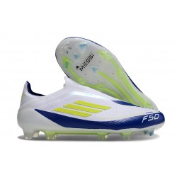 Crampons adidas F50 Elite Laceless FG Blanc Jaune Solaire Bleu Lucide
