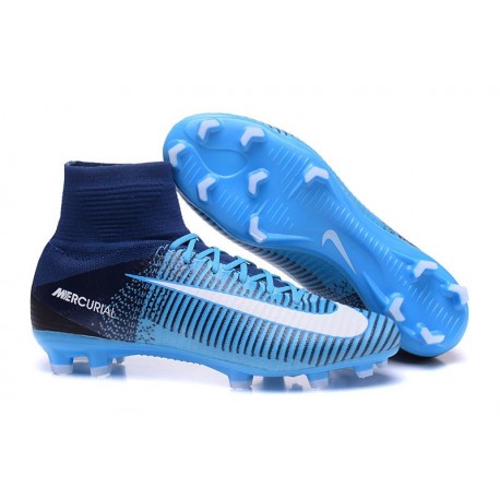 Nike Mercurial Superfly V FG Nouvel 2017 Crampons de Football Bleu Blanc Noir